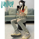 Lunivop Women’s American Ripped Zipper Split Blue Jeans Summer New Casual Street Style Trousers